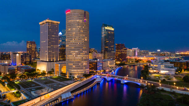 Aerial view of the illuminated Downtown Tampa Skyline in the night. stock photo