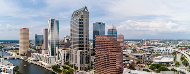 Aerial view of Downtown Tampa Skyline over the Hillsborough River on a summer day. Extra-large, high-resolution stitched panorama.