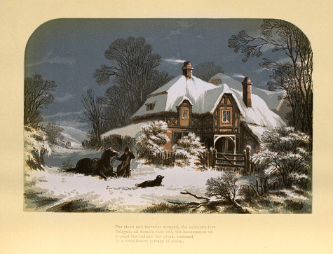 Vintage illustration of Traveller struggling to return home through deep snow, horse and dog, Victorian, 19th Century
