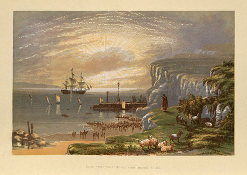Vintage illustration of Ships boats at anchor in bay, beach, shepherd, Victorian art, 19th Century