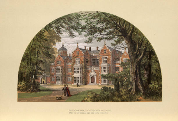 Llewellyn hall Elizabethan mansion, Wales Vintage illustration of Llewellyn hall Elizabethan mansion, Wales victorian house stock illustrations