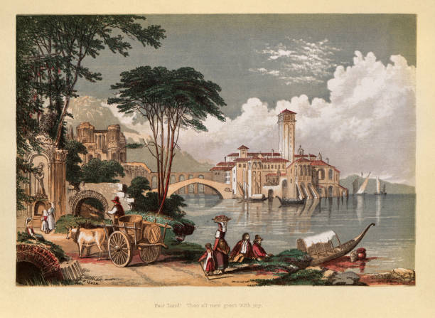 Italian landscape, town on lake side, Victorian art, 19th Century vector art illustration