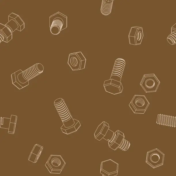 Vector illustration of Bolts and nuts. Isometric 3D vector seamless pattern.