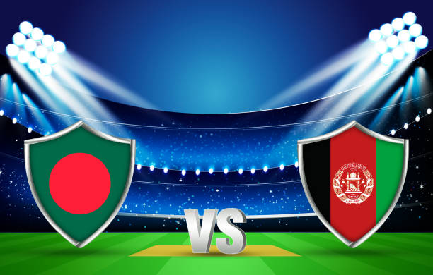 istock Bangladesh Vs Afghanistan Cricket Faceoff Concept in a 3D Rendered Stadium. Cricket game fixture background 1372845397