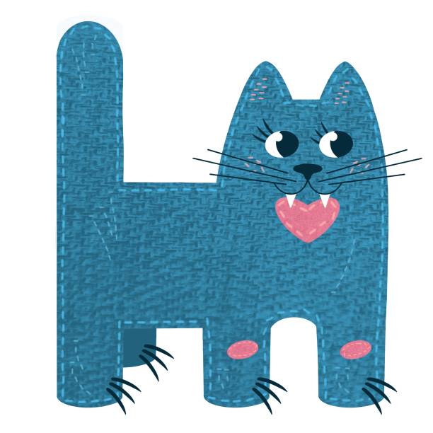 A knitted cat with a heart in its teeth. A hand-drawn illustration with a texture in a flat style. Cartoon character.