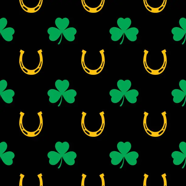 Vector illustration of Clover Leaves And Horseshoes Seamless Pattern