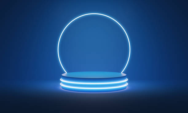 istock Blue podium with neon lights. Product display 3D render. 1372856531