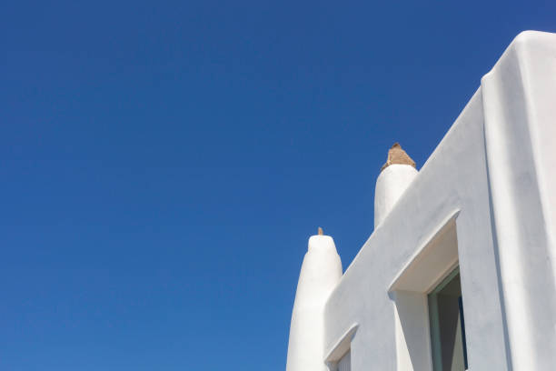 part of white wall of a villa, Mykonos, Cyclades, Greece, copy space