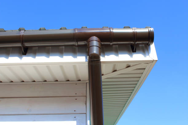 Plastic drainpipe on the roof of the house. Close-up. Background. stock photo