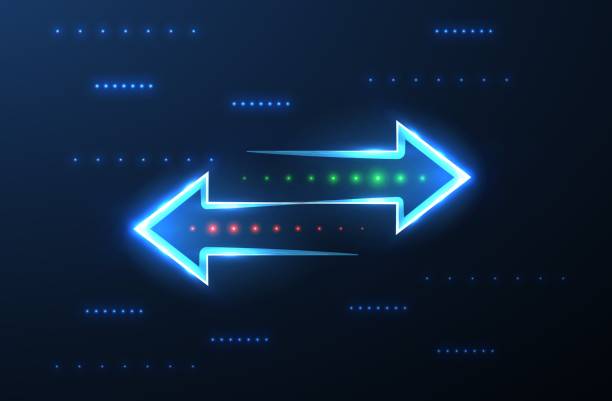 Transfer Two left right arrows with green and red dots. Data receive, Digital money send, Currency exchange sign. Web trade symbol. File backup, logistic move, big change logo. Outline icon design emigration & immigration stock illustrations