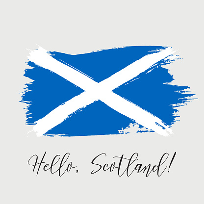 Scotland vector watercolor national country flag icon. Hand drawn illustration with dry brush stains, strokes, spots isolated on gray background. Painted grunge style texture for poster, banner design