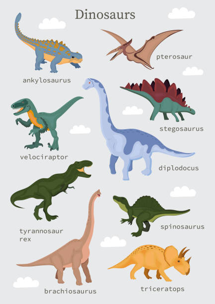 Print Set with cartoon dinosaurs isolated on a white background. illustration for printing on packaging paper, fabric, postcard, clothing. Cute children's background raptor dinosaur stock illustrations