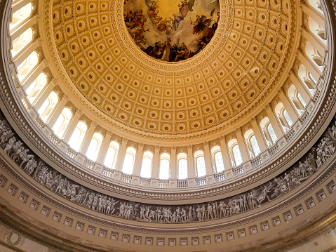 Washington DC, USA - February 25, 2019: Interior rotunda of the United States Capitol Building, home of the U.S. Congress and legislative branch of the United States.