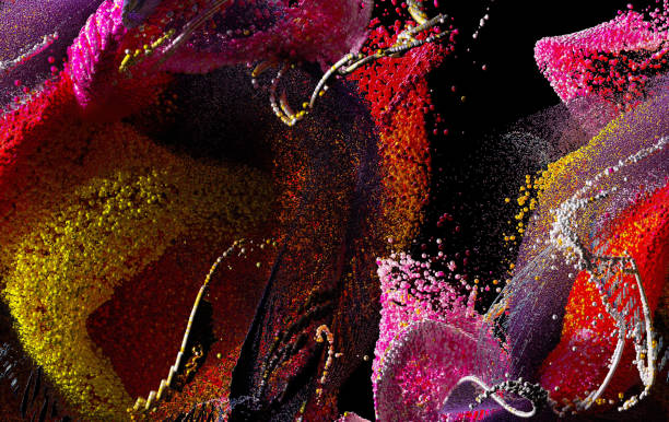 istock 3d render of abstract art 3d background with surreal color splash in curve wavy lines forms based on small balls particles in yellow purple pink and red mix gradient color on black 1372886807