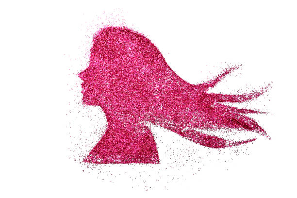розовый пигмент блеск блестящий силуэт женской головы на белом фоне творческая концепция - body glitter стоковые фото и изображения