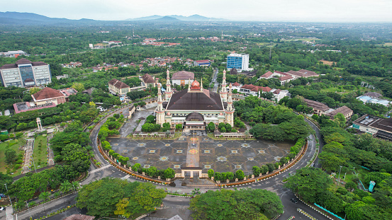 Aerial view of Al Bantani mosque in serang. Top view of the mosque forest. Banten, Indonesia