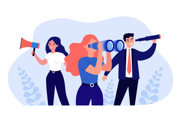 Office workers holding megaphone, binoculars and spyglass Office workers holding megaphone, binoculars and spyglass. Business people searching for new opportunities or employees flat vector illustration. HR, recruitment, career concept for banner recruitment stock illustrations