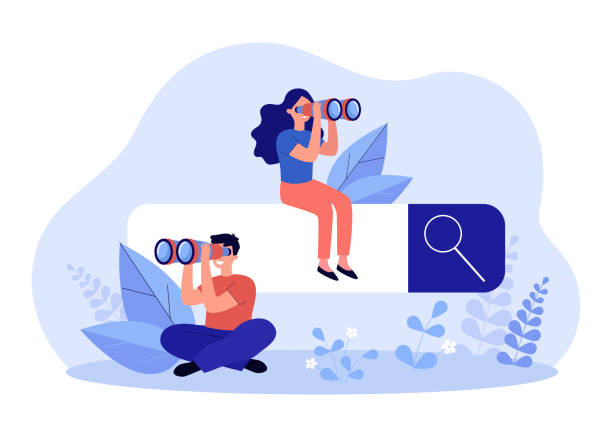 Search engine with tiny people looking through binoculars Search engine with tiny people looking through binoculars. Man and woman doing research flat vector illustration. Search, information, internet, technology concept for banner or landing web page searching binoculars stock illustrations