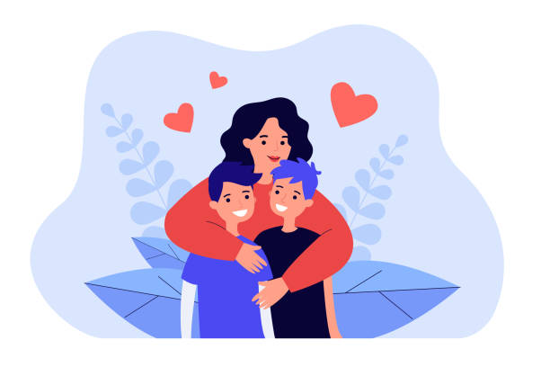 ilustraciones, imágenes clip art, dibujos animados e iconos de stock de madre de dibujos animados abrazando a dos hijos adolescentes - madre