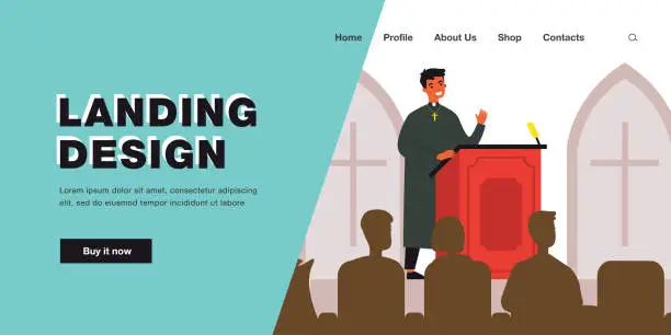 Vector illustration of Catholic priest speaking on podium of church