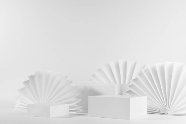 istock White abstract stage with three different rectangle stands mockup with circle ribbed paper fans in geometric style on table for showing, presentation cosmetic product or goods, side view, corner, 3d. 1372899496