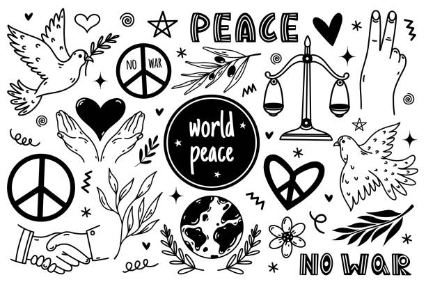 Peace symbol icon set. Hand drawn illustration isolated on white background. Pacifism sign - dove, handshake, olive branch, heart, planet. No war, monochrome doodle collection. Peace symbol icon set. Hand drawn illustration isolated on white background. Pacifism sign - dove, handshake, olive branch, heart, planet. No war, monochrome doodle collection. v sign stock illustrations