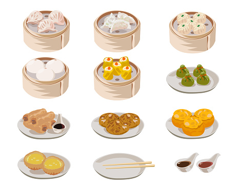 Dim sum, Chinese dishes set. Vector illustrations of traditional food in China. Cartoon shrimp dumplings, wonton, fried spring rolls and pork bun isolated on white. Chinese meals menu concept