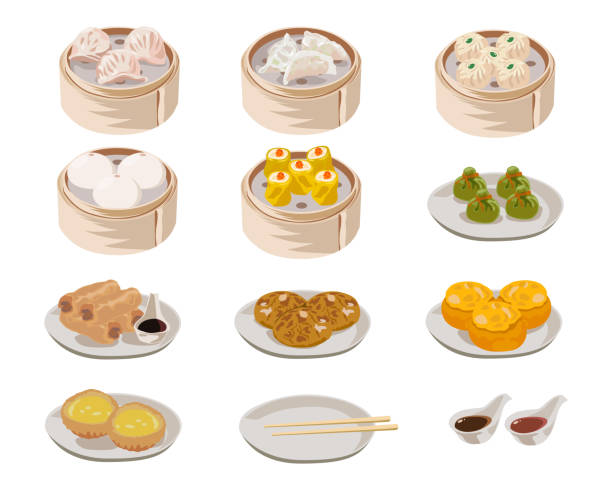 Dim sum, Chinese dishes set Dim sum, Chinese dishes set. Vector illustrations of traditional food in China. Cartoon shrimp dumplings, wonton, fried spring rolls and pork bun isolated on white. Chinese meals menu concept shrimp prepared shrimp prawn cartoon stock illustrations