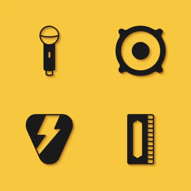 Vector illustration of Set Microphone, Harmonica, Guitar pick and Stereo speaker icon with long shadow. Vector