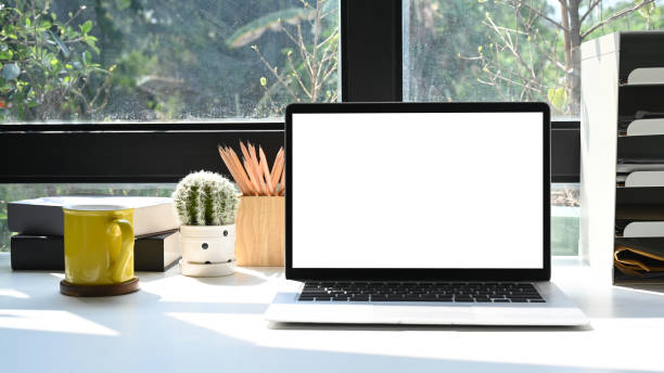 istock Computer laptop with empty screen, cactus and coffee cup on white table in bright living room. 1372905391
