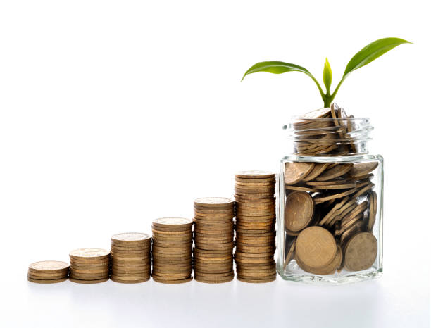 istock Coin steps and money jar with plant 1372906639