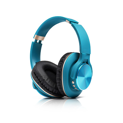 Modern blue wireless headphones isolated on white background with clipping path.