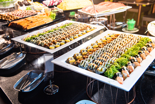 Sushi buffet, Japanese food that is loved by many nationalities and is healthy.
