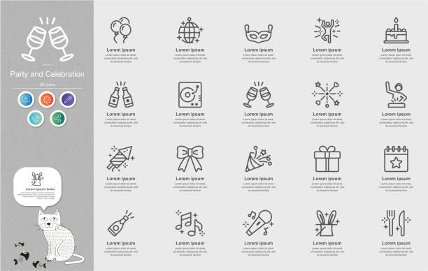 party- und celebration line icons content infografik - food and drink holidays and celebrations isolated objects birthdays stock-grafiken, -clipart, -cartoons und -symbole