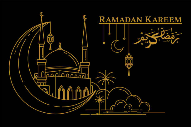 검은 배경에 모스크 모노 라인 디자인과 초승달 - islam mosque moon crescent stock illustrations