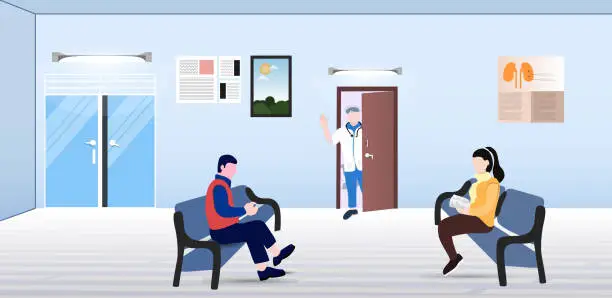 Vector illustration of Doctor inviting next patient at the clinic