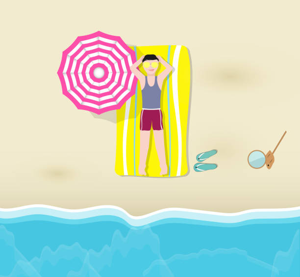 ilustraciones, imágenes clip art, dibujos animados e iconos de stock de hombre tomando el sol en la playa - tourist resort audio