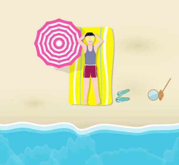 Vector illustration of Man sunbathing on beach