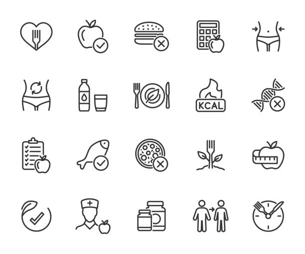 Vector set of healthy eating line icons. Contains icons nutrition plan, metabolism, nutritionist, calorie counting, weight loss, water balance, calories, healthy food, dietary supplements and more. Pixel perfect. Vector set of healthy eating line icons. Contains icons nutrition plan, metabolism, nutritionist, calorie counting, weight loss, water balance, calories, healthy food, dietary supplements and more. Pixel perfect. atkins diet stock illustrations