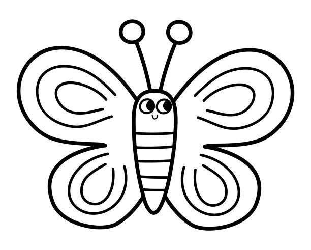 Vector black and white butterfly icon. Adorable farm picture. Funny woodland, forest or garden insect. Cute bug illustration or coloring page for kids isolated on white background Vector black and white butterfly icon. Adorable farm picture. Funny woodland, forest or garden insect. Cute bug illustration or coloring page for kids isolated on white background simple butterfly outline pictures stock illustrations
