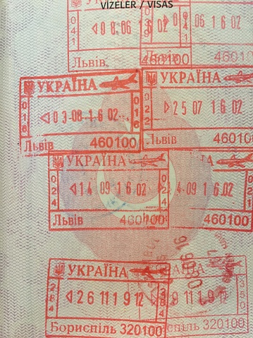 Close up passport stamps of Ukraine.