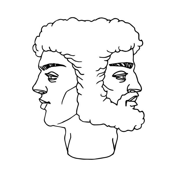 The head of the two-faced god Janus. An ancient Greek mythological character. The head of the two-faced god Janus. An ancient Greek mythological character. Vector illustration with contour lines in black ink isolated on a white background in cartoon and hand drawn style. janus head stock illustrations