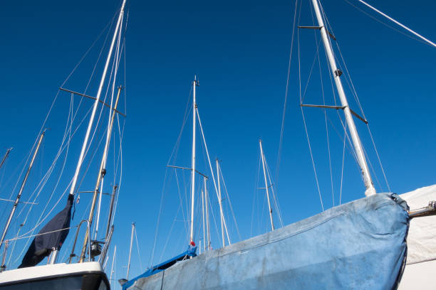 Several sailing yachts and motor boats are in winter storage at a marina. the aluminum masts protrude above the blue tarpaulins.