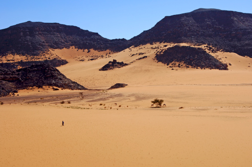 A single nomad crossing a vast desert landscape in the Acacus Mountains, Sahara desert, Libya