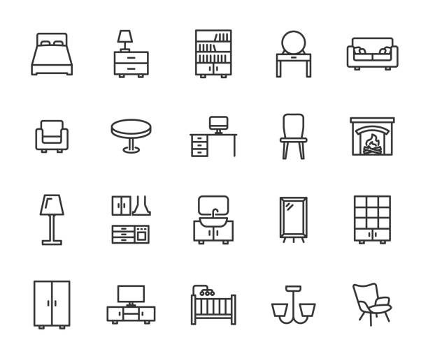 ilustrações, clipart, desenhos animados e ícones de conjunto vetorial de ícones da linha de móveis. contém ícones sofá, guarda-roupa, mesa, cozinha, cama, lareira, espelho e muito mais. pixel perfeito. - computer stand
