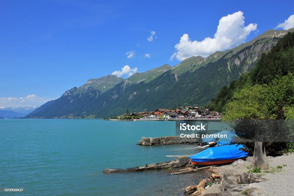 View of Lake Brienzersee, Mount Augstmatthorn and Brienz. Beautiful place in the Bernese Oberland, Switzerland. Bern Canton Stock Photo