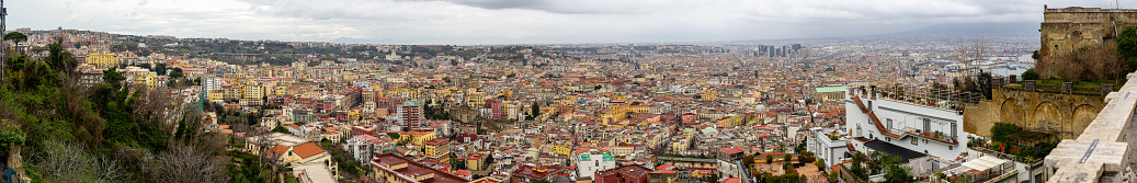 view of the cluster of buildings in Naples through the top of Castel Sant'Elmo, Italy.