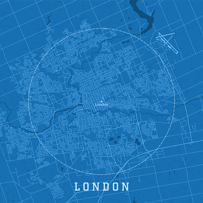 London ON City Vector Road Map Blue Text. All source data is in the public domain. Statistics Canada. Used Layers: Road Network and Water.