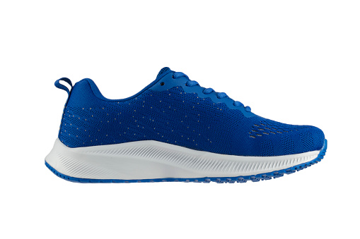 Blue sneaker made of fabric with a white sole on a white background. Sport shoes.