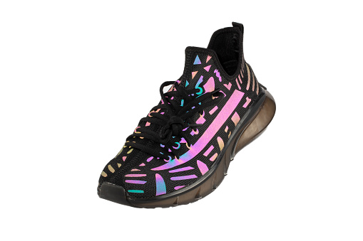 Black sneakers with a hologram on a white background. Sport shoes.